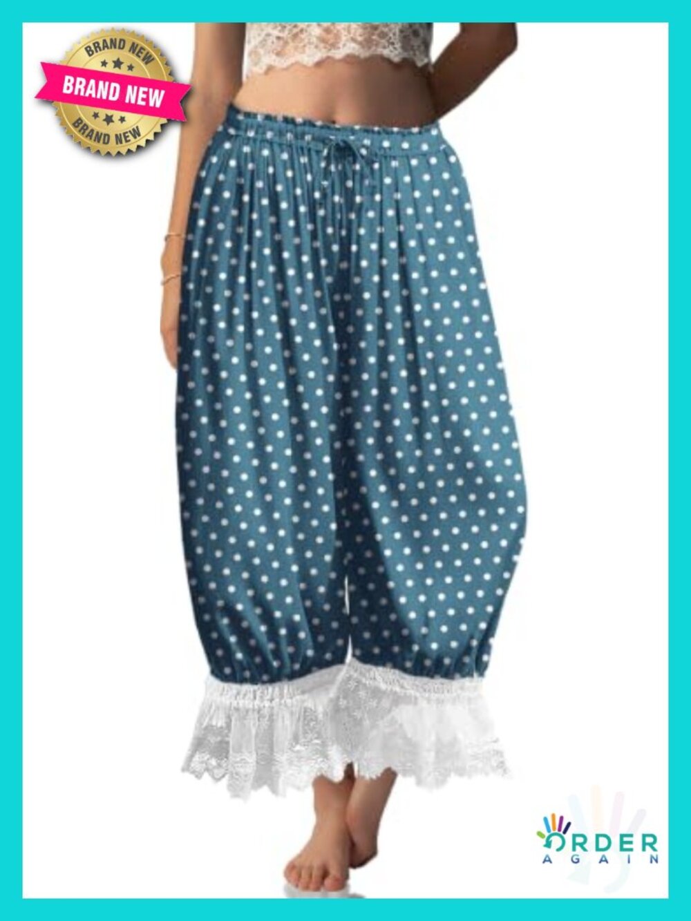 Linen Lace Trim Long Bloomers Pants with Pockets, Wide Leg